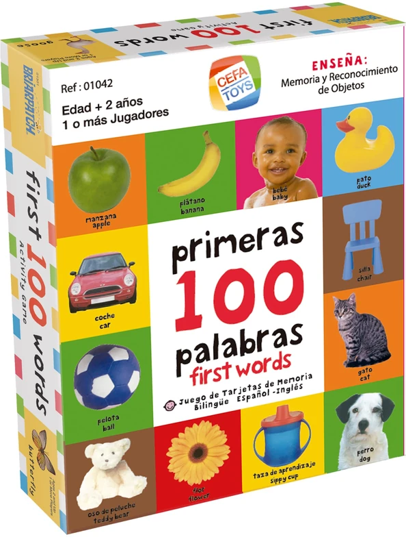 Cefa Toys - Bilingual Spanish-English Activity Game My First 100 Words. Includes 50 Bilibgues Cards, 2 Soft Dice, 3 Game Modes.Suitable for 2 years old.