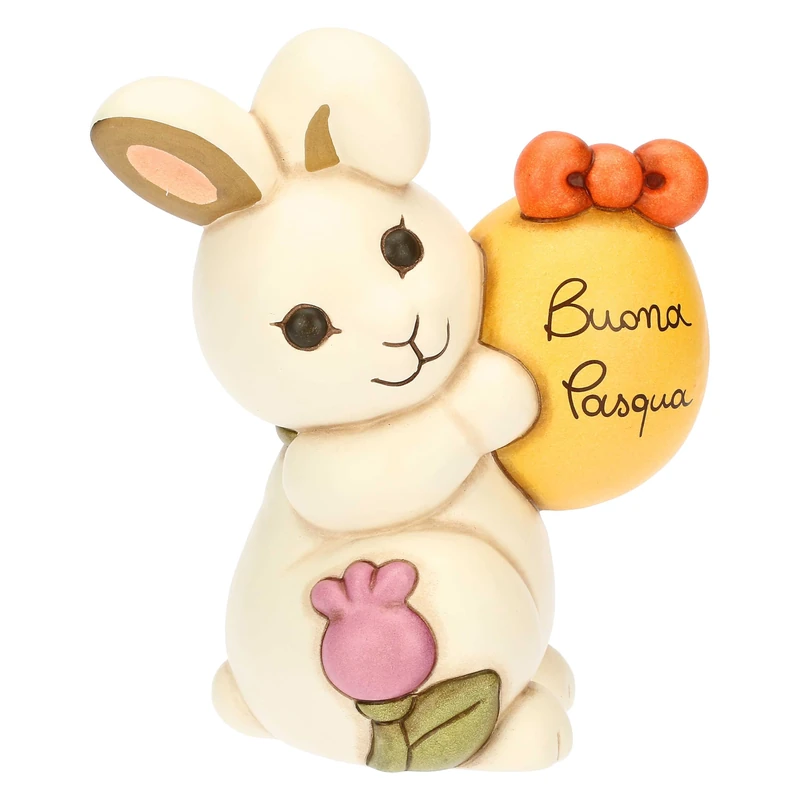THUN, Joy Bunny with Hand-Decorated Ceramic Egg, Large Version, Easter Surprises Line, 14.2 x 10.5 x 16.5 cm h