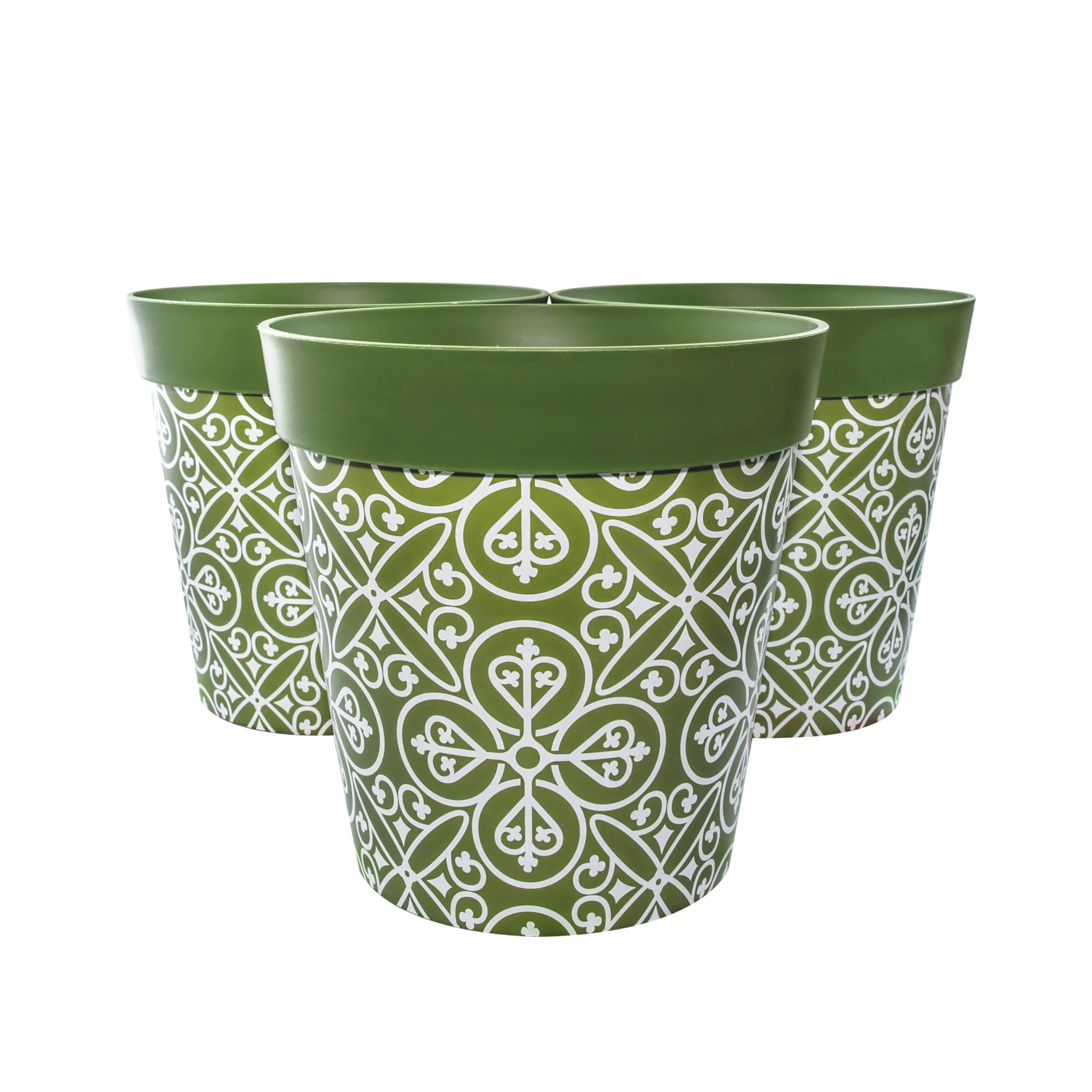 Hum Flowerpots, 25cm Set of 3, Various Patterns Colours and Sizes, Indoor/Outdoor Plastic Plant Pots (Green Maroc)