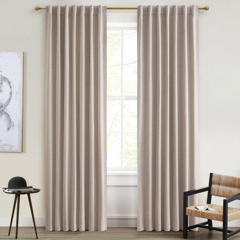 QJmydeco 95 Inch Curtains 2 Panel Set, UV/Heat Blocking for Summer Farmhouse Curtains for Living Room Darkening Curtain for 94 Inch Window Pinch Pleated Linen Blend Blackout Drapes Thermal