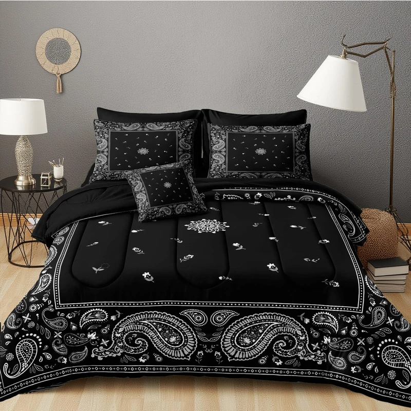 MOVE OVER Black Comforter Set Queen Size 8 Pcs Boho Paisley Comforter Bed in A Bag Black Flower Square Pattern Bedding Set Modern Classic Design Down Alternative Comforter Set