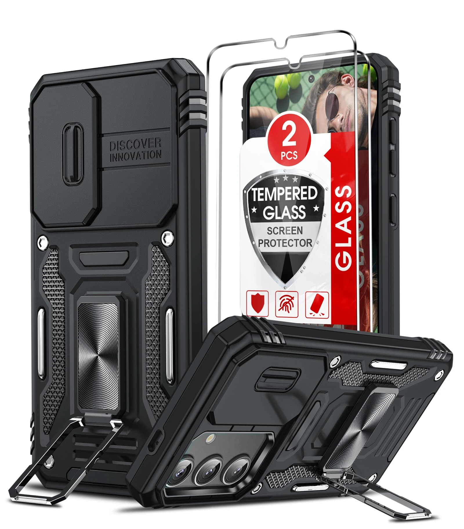 LeYi for Samsung Galaxy S24 5G Phone Case, with Camera Lens Cover Slider, 2 Pack Screen Protectors, Ring Stand Holder Military Grade Protective Shockproof Armour Cover for Samsung S24 5G, Black