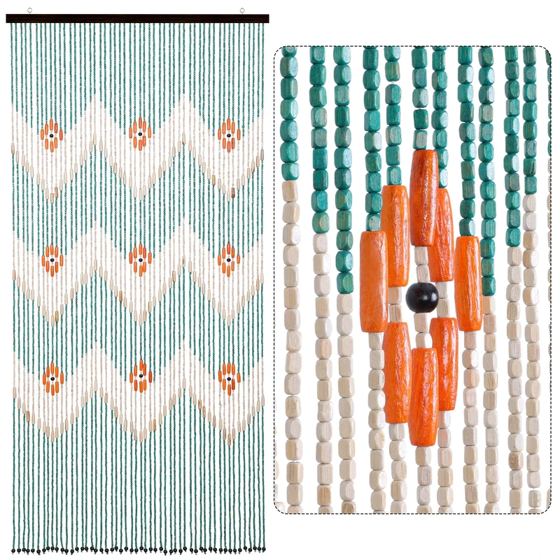 BECHAEO Beaded Curtain for Doorway Handmade Bamboo Wooden Door Beads Hanging Room Divider Hippie Curtain for Hallway Window Boho Rustic Home Store Decor, 35.5 x 75 Inches Green