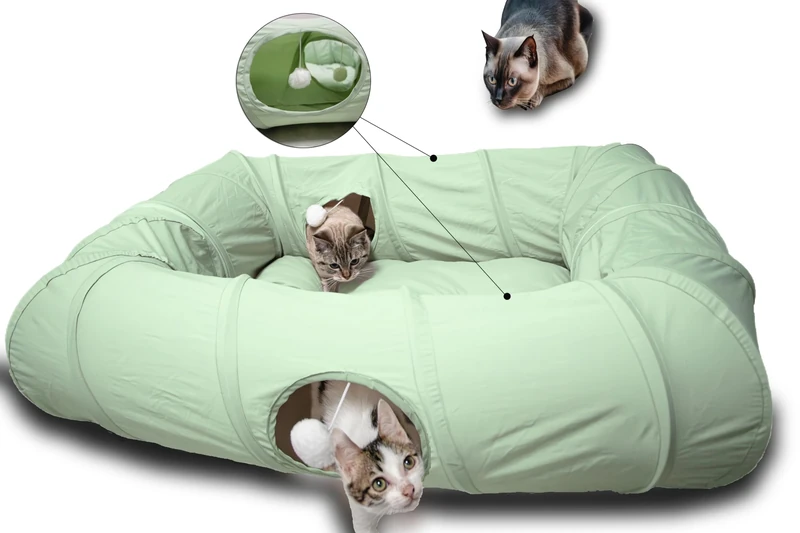 XxingSheep 4 Ways Shuttled XL Cat Tunnel Bed for Indoor Cats Peekaboo Cat Cave Donut with Cool Mat (Green)