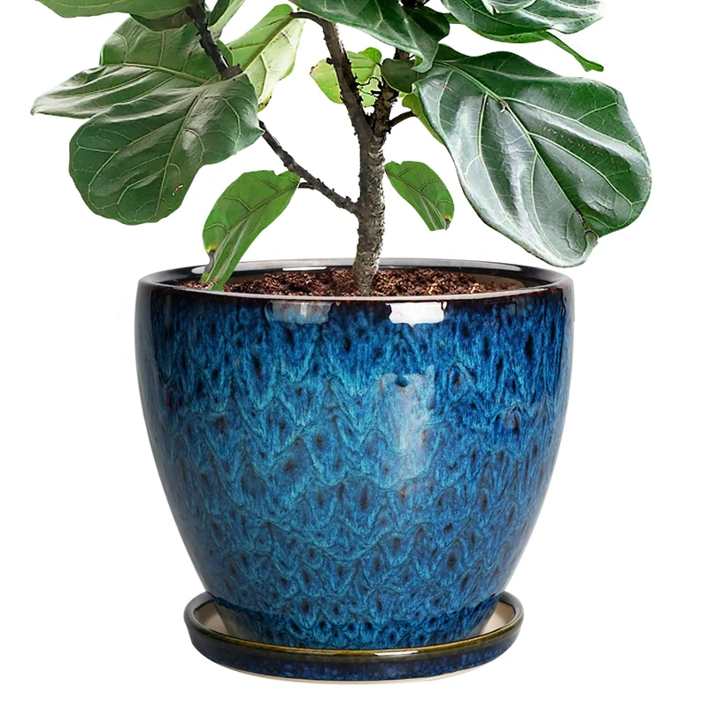 EPFamily 10 Inch Plant Pot，Ceramic Planter with Drainage Hole and Saucer，Round Flower Pot for Home Patio Office, Blue