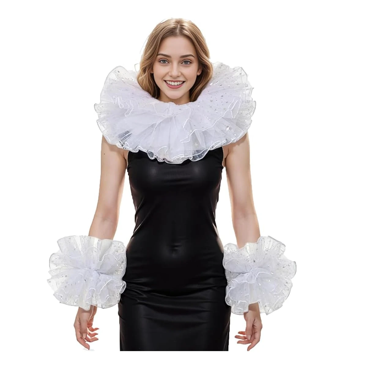 BPURB Renaissance Victorian Ruffle Collar and Wrist Cuffs Set Organza Layered Clown Choker Neck Collar Cuff (White-A)