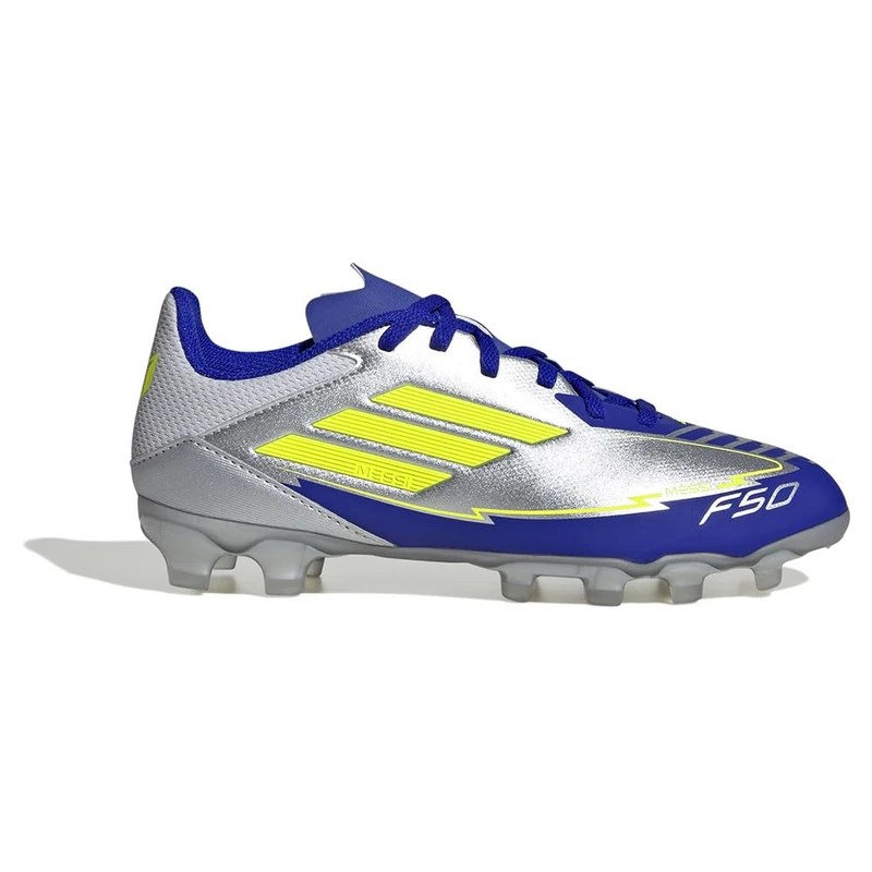 adidas Unisex Kids F50 League Football Boots Multi Ground, Silver met./Solar Yellow/Lucid Blue, 12.5 UK Child