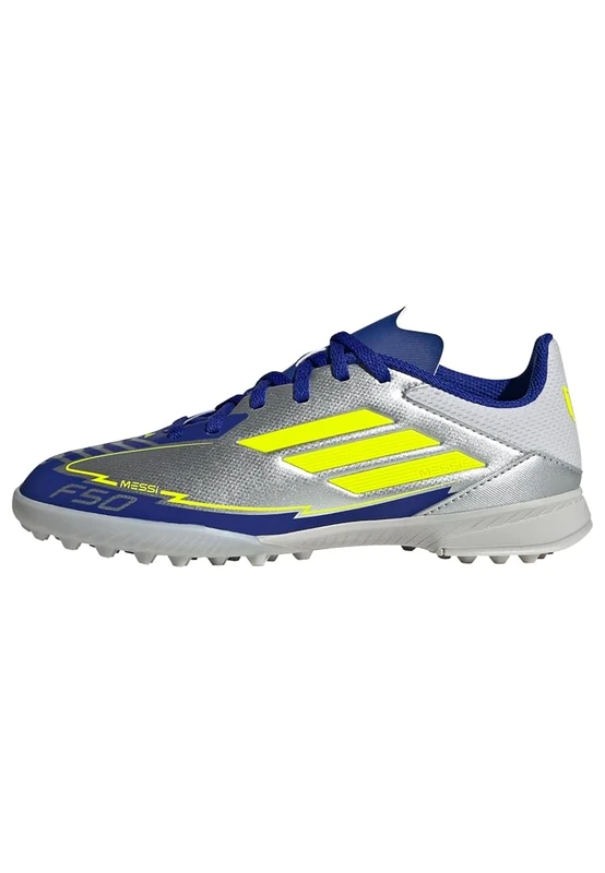 adidas Unisex Kids F50 League Football Boots Turf, Silver Metallic/Solar Yellow/Lucid Blue, 5.5 UK