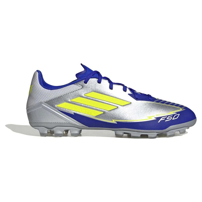 adidas Unisex F50 League Football Boots Artificial Ground, Silver met./Solar Yellow/Lucid Blue, 7 UK