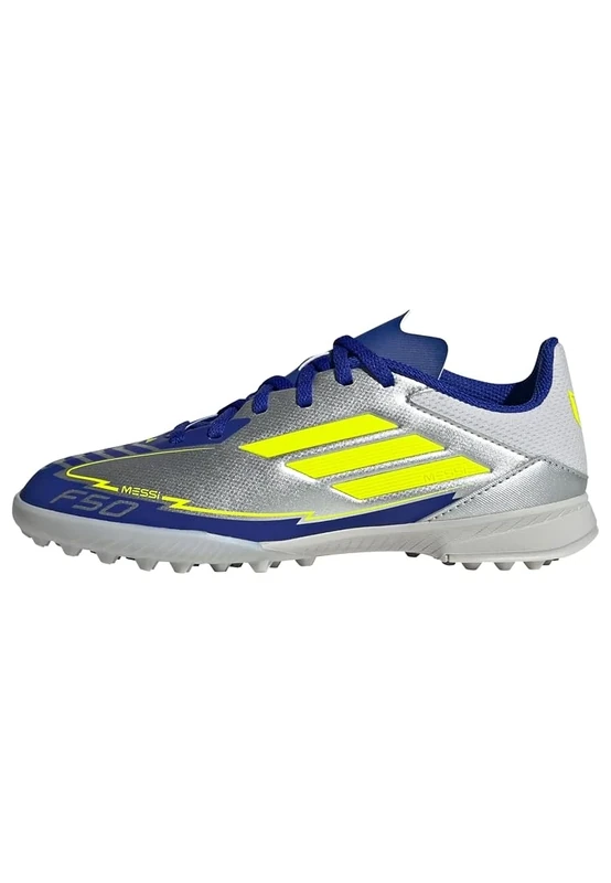 adidas Unisex F50 League Football Boots Turf, Silver Metallic/Solar Yellow/Lucid Blue, 10 UK