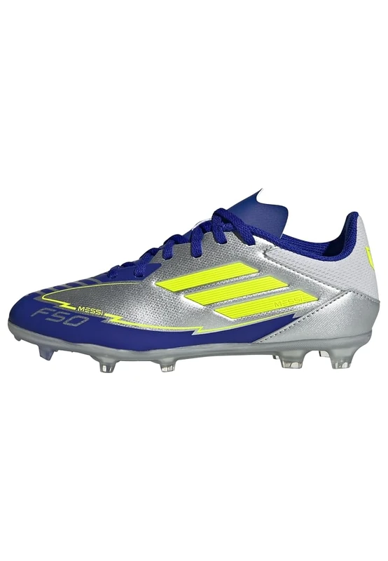 adidas Unisex Kids F50 League Football Boots Firm Ground, Silver Metallic/Solar Yellow/Lucid Blue, 11.5 UK Child