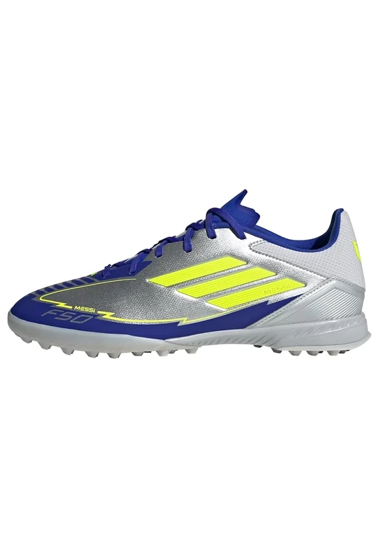 adidas Unisex F50 League Football Boots Turf, Silver Metallic/Solar Yellow/Lucid Blue, 9.5 UK
