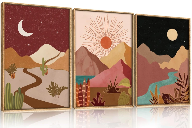 LHIUEM Modern Boho Framed Canvas Wall Art Set Colorful Moon and Sun Desert Art Painting Nature Southwest Landscapes Artwork,Rustic Mountain Wall Decor for Living Room,Bedroom,Office-16''x24''x3