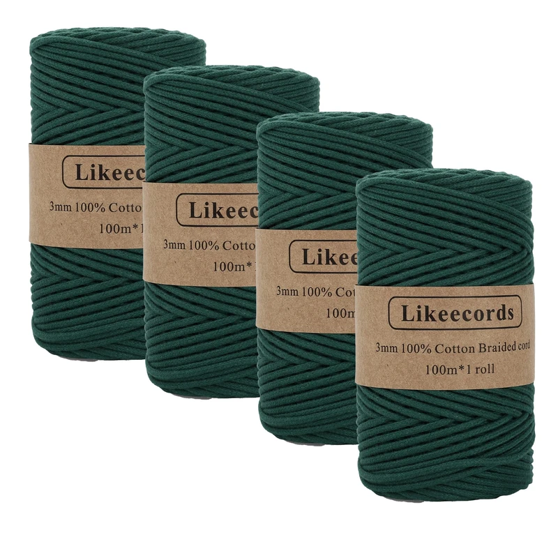Likeecords 4 Skeins Braided Macrame Cotton Cord 3mm x 100m, Colorful Craft Cord for Bag, Wall Hanging, Plant Hangers, Crafts, Knitting (Dark Green)