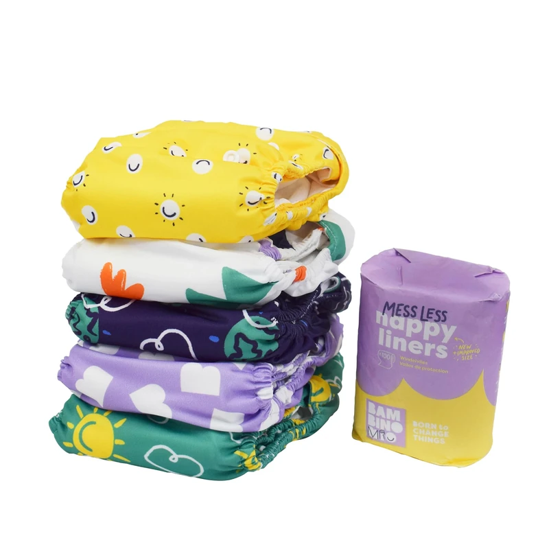 Bambino Mio, Reusable Cloth Nappy Starter Set - The Give-it-a-go Diaper Bundle, 5 x Nappies, 100 Liners, Poppers & Hook & Loop, Brave