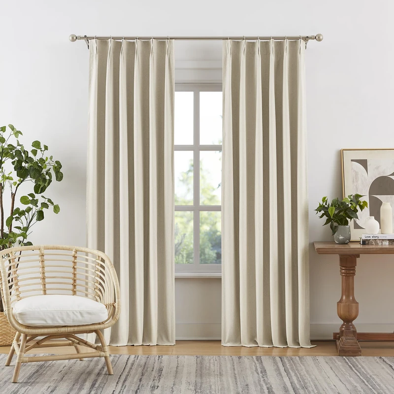 DUALIFE Natural Pinch Pleat Curtains Blackout 90 Inch Long,Cream Beige Thermal Soundproof Country Linen Curtains for Living Room Track System with Hooks 2 Burg Back Tab,Natural Birch,Set of 2