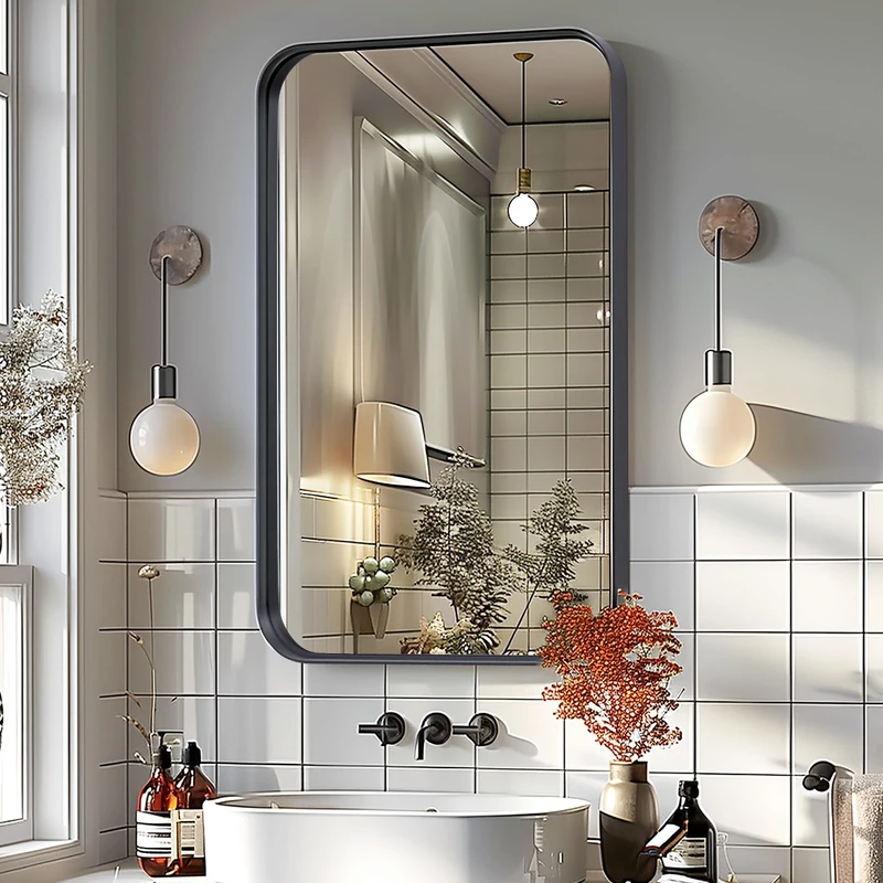 Melodieux Black Bathroom Vanity Mirror for Wall, 50x75 cm Metal Framed Rectangle Wall Decorative Mirror for Bedroom Living Room Entryway Horizontally or Vertically