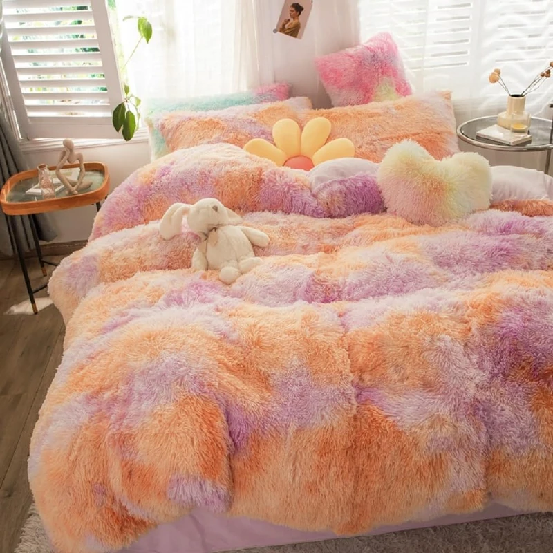 SUCSES Plush Shaggy Duvet Cover Set for Girls, 3 Pcs Fluffy Full Size Bedding Sets, Faux Fur Tie Dye Teen Girl Bed Set, Colorful Rainbow Ombre Comforter Cover Set (Pink Orange, Full)