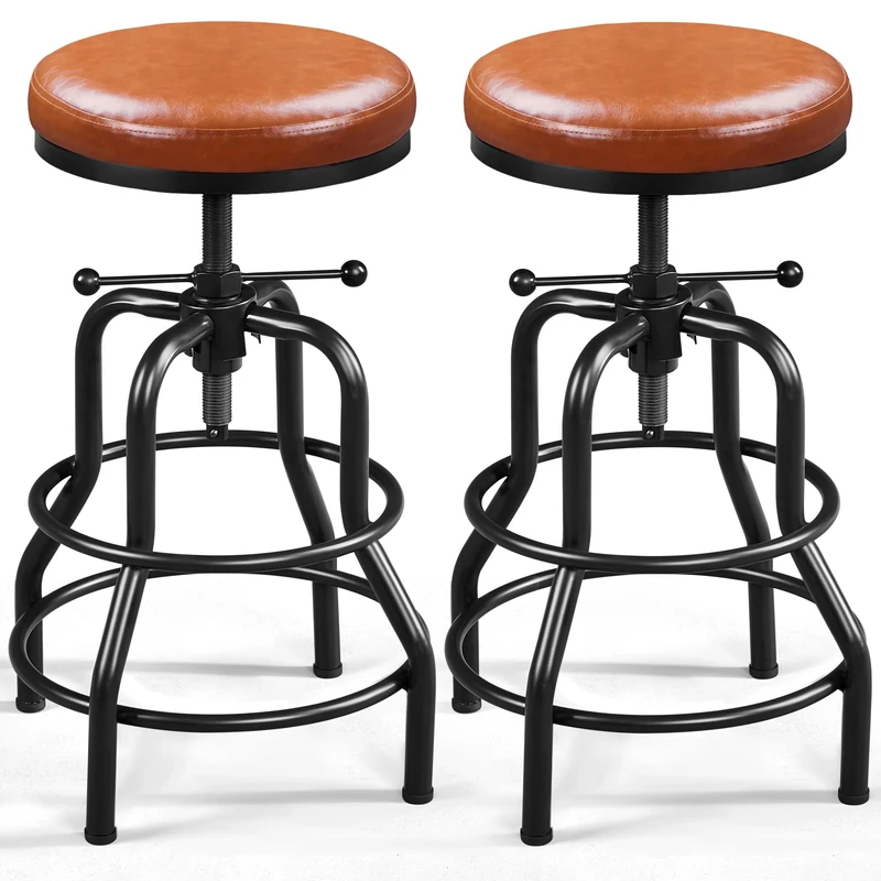 Yaheetech Industrial Height Adjustable Bar Stools Rustic Kitchen Barstool (54.5-71.5 cm) Chairs Round with Faux Leather Seat, Footrest, Stool for Kitchen Counter, Home Bar, Light Brown, 2PCS