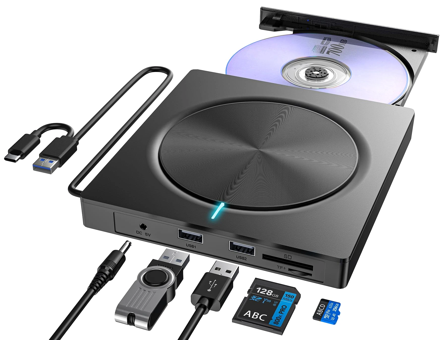 Umaniy External CD DVD Drive, USB 3.0 and Type-C Portable CD/DVD +/-RW ROM Burner Rewriter with SD/TF & USB Ports, CD/DVD Player for Laptop, Desktop, MacBook, iMac, macOS/Linux/Windows 11/10/8/7/XP