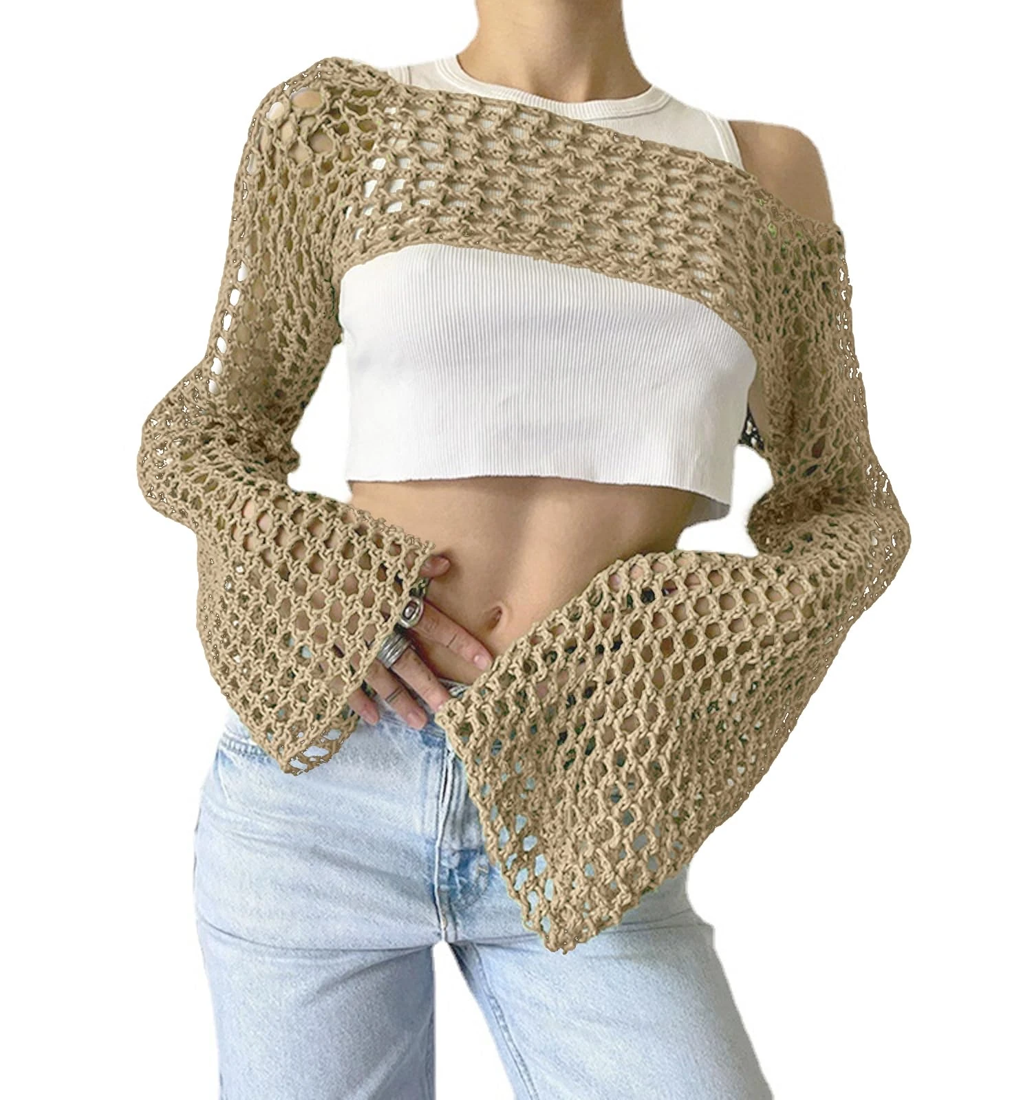 Bnigung Women's Mesh Crochet Crop Tops Shrugs Sexy Y2k Hollow Out Cropped Knit Sweater See Through Bikini Cover Ups, Apricot, S