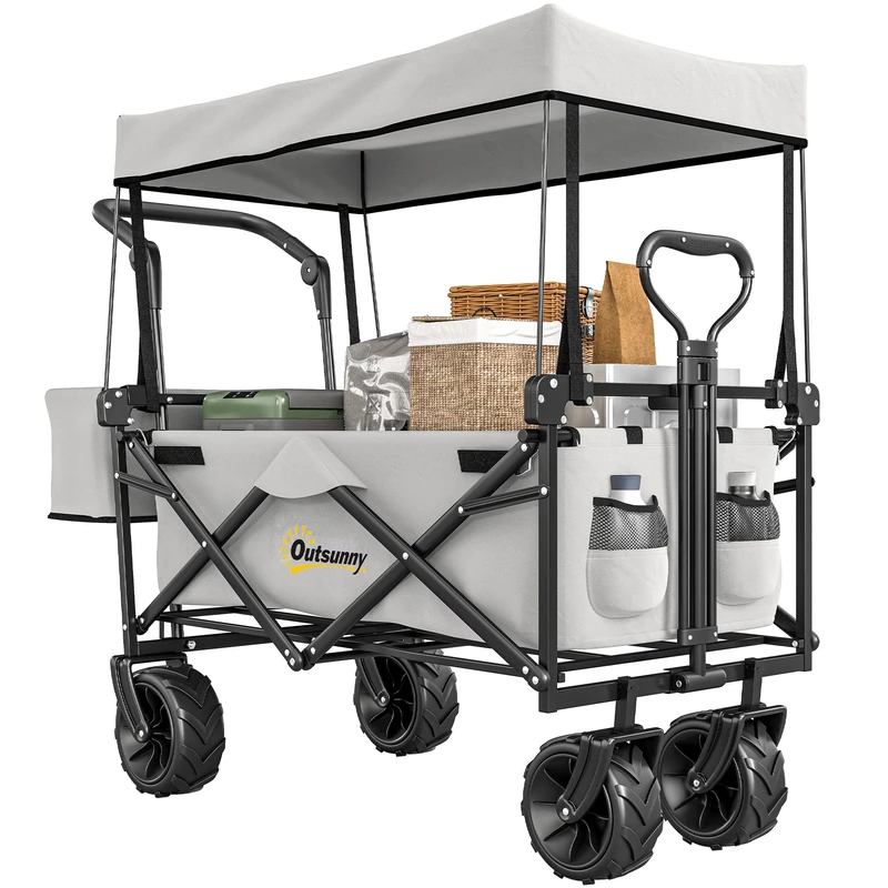 Outsunny 120L Festival Trolley on Wheels, Folding Camping Trolley Cart with Removable Canopy, All-Terrain Wheels, Adjustable Handle, Push or Pull for Garden Beach Fishing Shopping, Grey