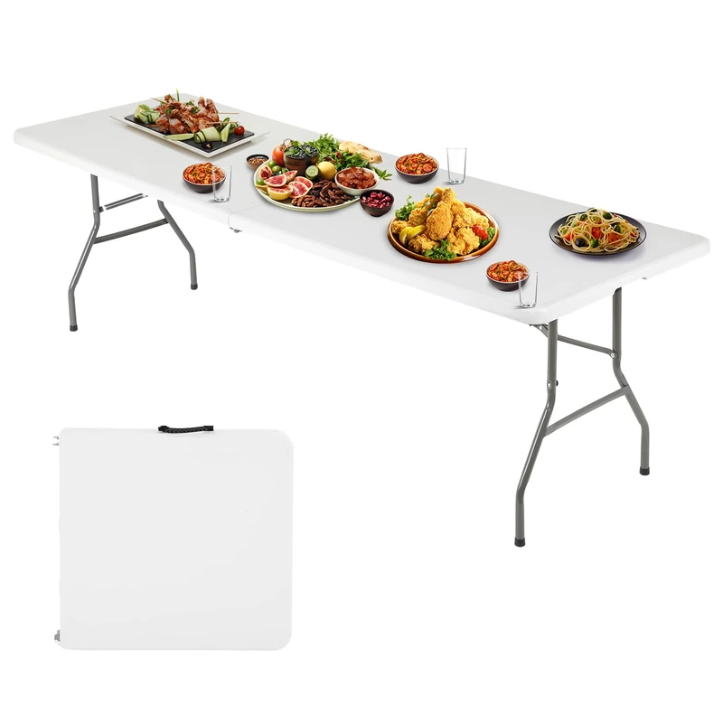 FDW 6FT Folding Table, Portable Fold-in-Half Plastic Picnic Party Table with Carrying Handle （White）