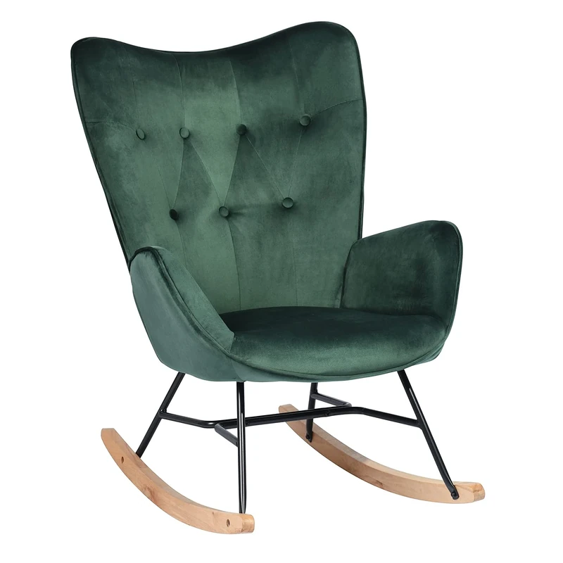 39F Furniture Dream Velvet Rocking Chair for Nursery Chair Comfortable Relaxing Chair Traditional Arm Rest Lounge Chair with High Back Bedroom Office Living Room, Green, 68x87x98cm