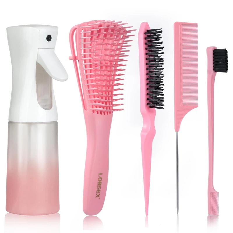 LORSEX Hair Brush with 200ml Hair Spray Bottle, Detangle Hair Brush for Black Natural Hair, Afro American Type 3a-4c, 3 Pcs Slick Brush Set (Pink)