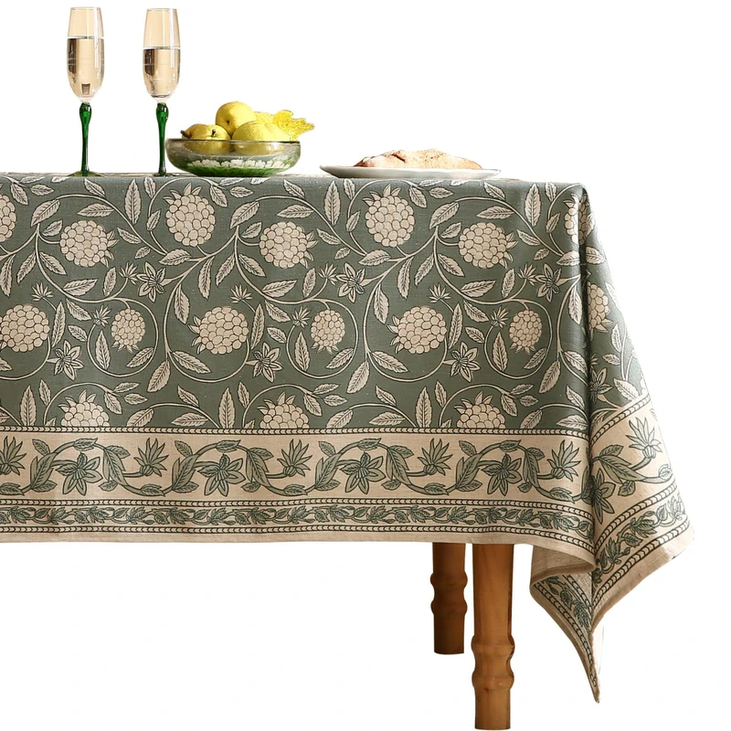 ISAENNE Designer Linen Green Rectangular Tablecloth,79"x55"-Andrew A