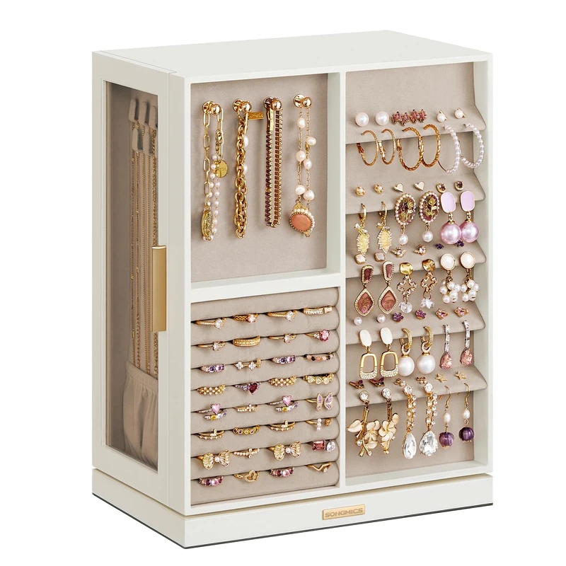 SONGMICS Jewellery Box 360° Rotating, Jewellery Organiser with 7 Drawers, Jewellery Display Case, Glass Window, Spacious, Vertical Jewellery Storage, Open Design, Great Gift, Cloud White JBC201W01