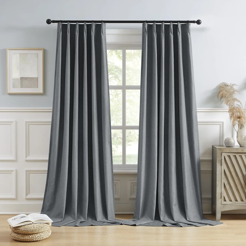 DUALIFE Extra Long Pinch Pleated Full Blackout Curtains 120 Inch Length,Back Tab with Hooks Window Drapes Thermal Insulated Blackout Curtain Panels 40W x 120L, Grey, 2 Panels