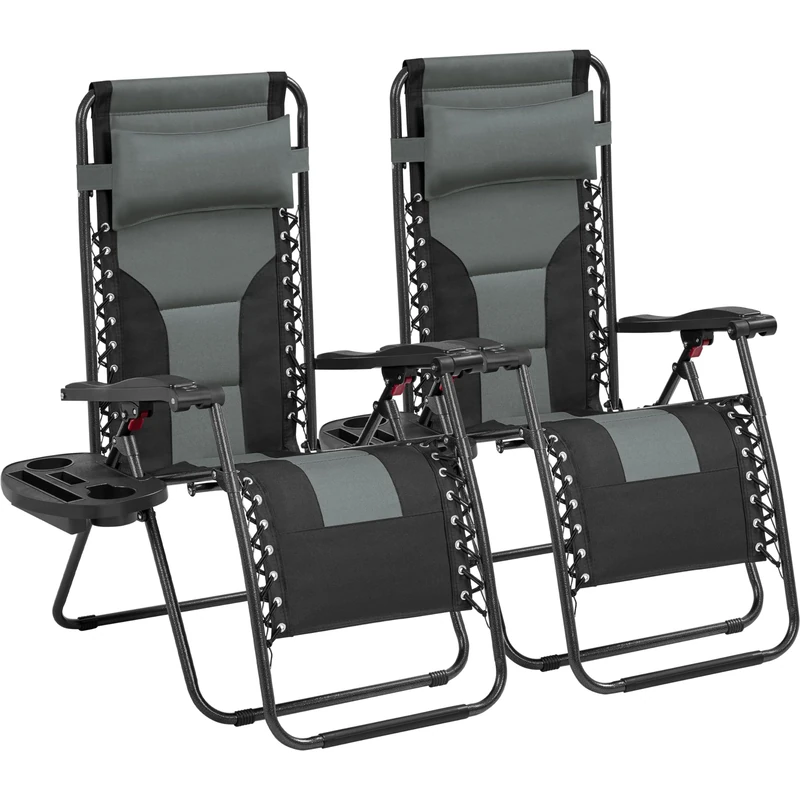 Yaheetech Zero Gravity Sunlounger, Outdoor Multi Position Soft Padded Chairs, Foldable Patio Recliner w/Carry Strap, Cup Holder, Pillow for Backyard Deck Camping Gray/Black Set of 2, 65cm - Image 1