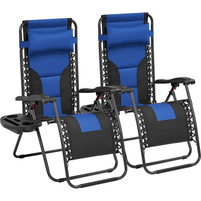 Yaheetech Zero Gravity Sunlounger, Outdoor Multi Position Soft Padded Chairs, Foldable Patio Recliner w/Carry Strap, Cup Holder, Pillow for Backyard Deck Camping Navy Blue/Black Set of 2, 65cm - Image 1