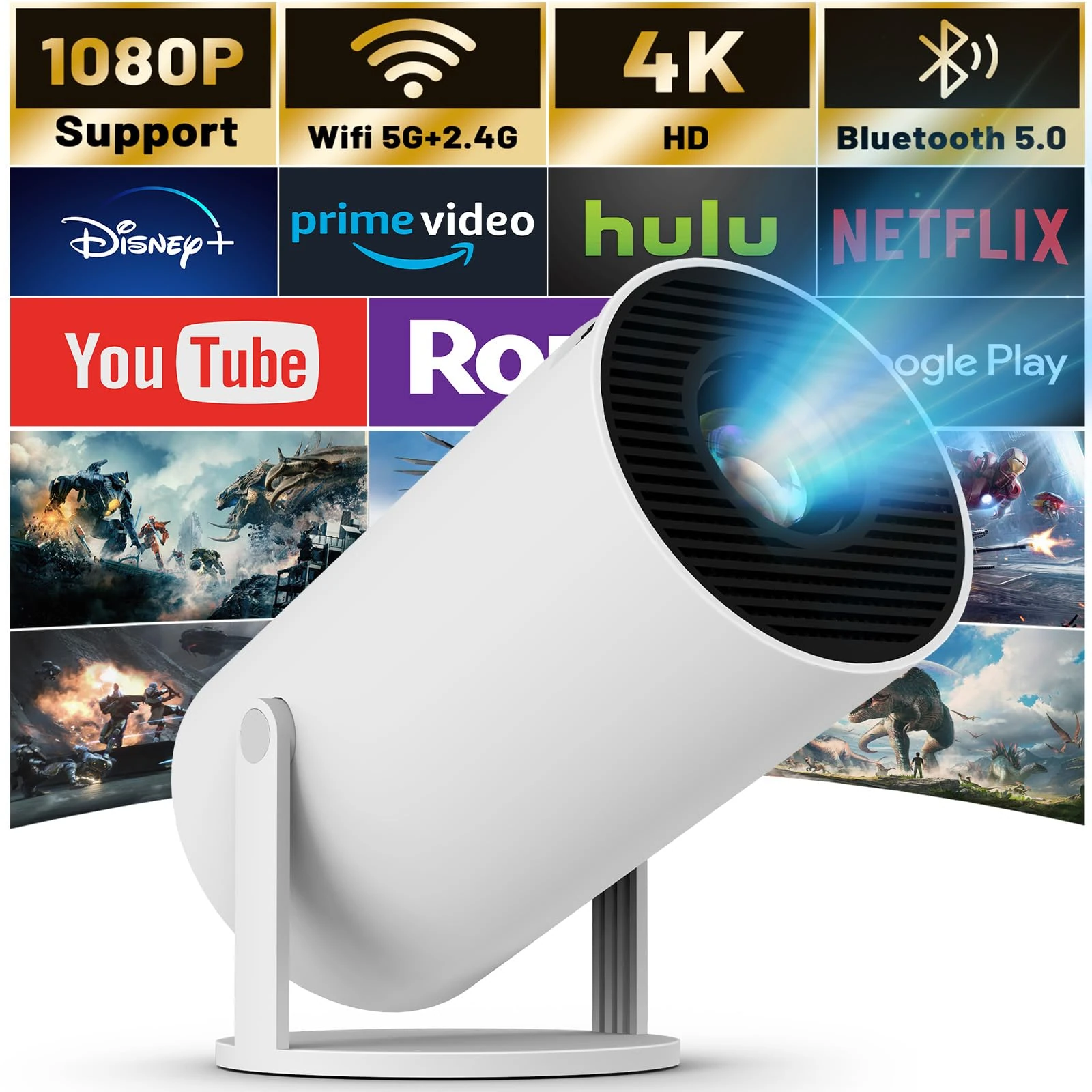 Mini Projector with WIFI 6 and Bluetooth, 4K 1080P Support Portable Projector 180° Rotatable 130'' Screen Movie Projector Auto Keystone Compatible for Laptop, PC, Smartphone