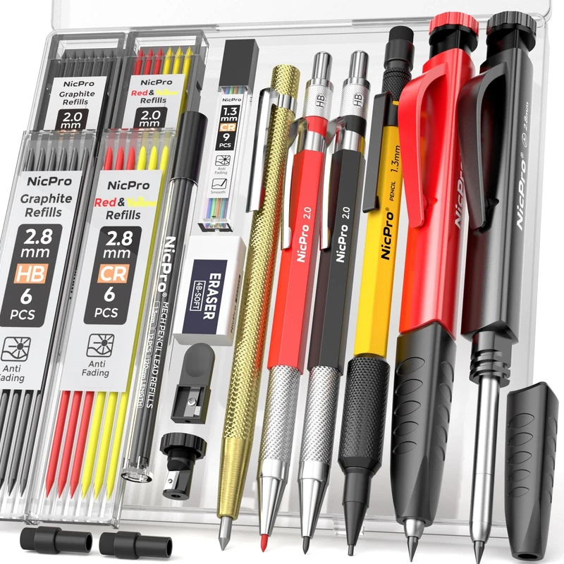 Nicpro 17 Pack Carpenter Pencil Set with Sharpener, Mechanical Pencils, Automatic Center Punch, Carbide Scribe Tool, Heavy Duty Construction Pencil for Architect-With Case