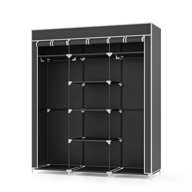 Mondeer Wardrobes for Bedroom, Canvas Wardrobe, Storage Organizer for Clothes, Portable Wardrobe with 2 Clothes Rails, 175 x 150 x 45 cm, Black