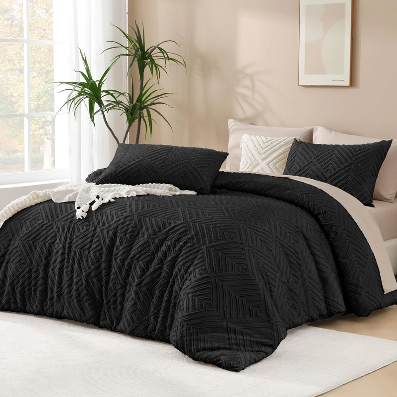 Andency Black California King Comforter Set, 3 Pieces Black Boho Bedding Set & Collections, Farmhouse Tufted Fluffy Bed Set for California King Bed (1 Comforter 104x96In, 2 Pillowcases)