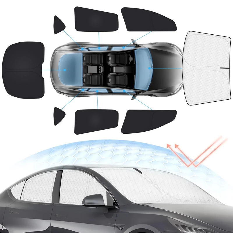 Sunsdrew 8PCS Windshield Sun Shade Kit for 2020-2024 Tesla Model Y All Front&Rear Side Window Privacy Sun shade-Foldable Sun Visor Protector Blocks UV&Heat-Model Y Interior Accessories