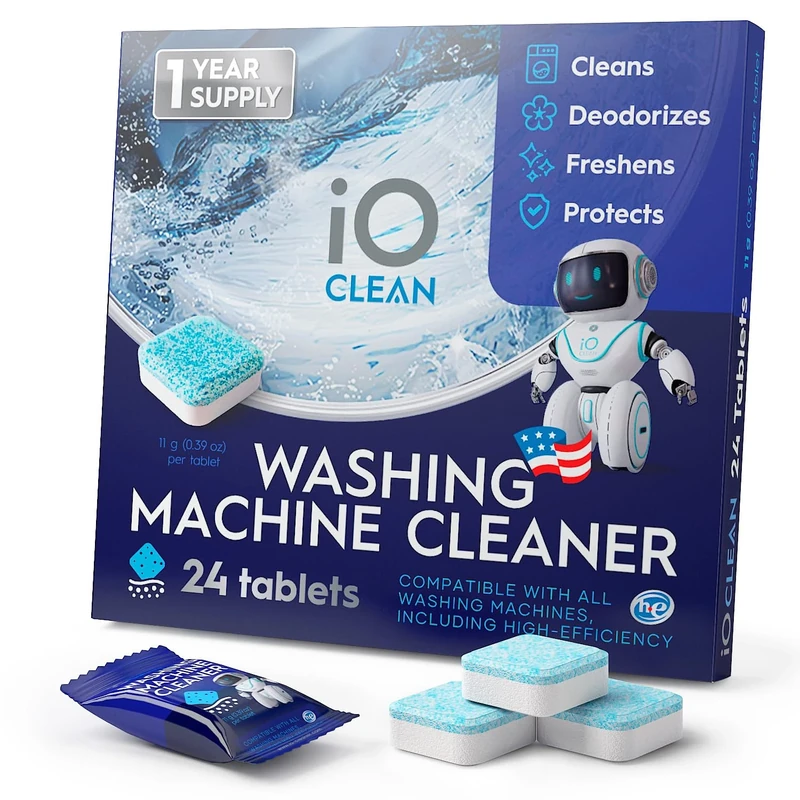 iO CLEAN Washing Machine Cleaner Descaler Tablets, 24 Count (1 Year Supply) – Deep Clean Washer Cleaner Tablets for HE Front Load & Top Load – Unscented Washing Machine Descaler for Odor Control
