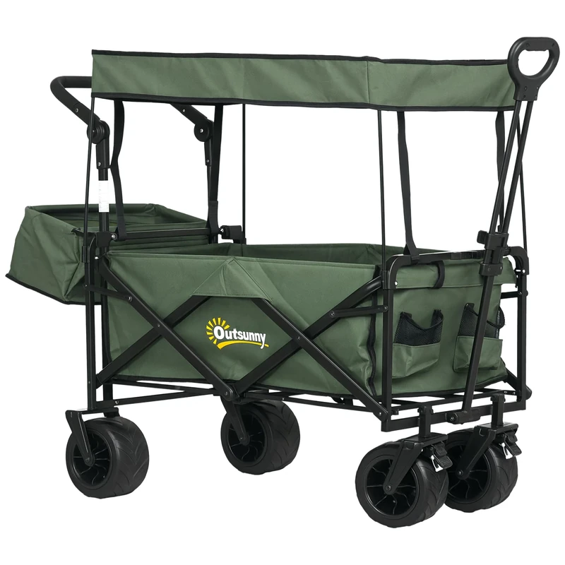Outsunny 120L Festival Trolley on Wheels, Folding Camping Trolley Cart with Removable Canopy, All-Terrain Wheels, Adjustable Handle, Push or Pull for Garden Beach Fishing Shopping, Green
