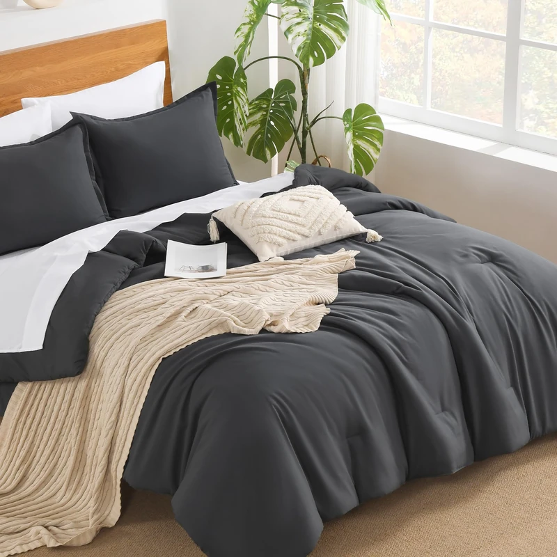 Andency Dark Grey King Size Comforter Set - 7 Pcs Solid Soft Bed in a Bag