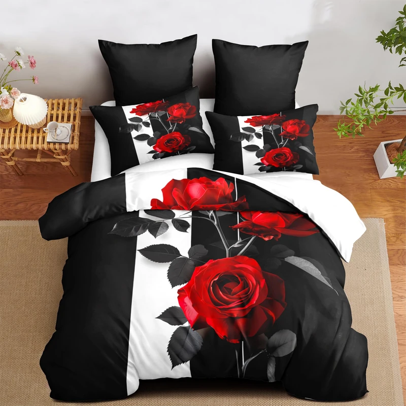 CCoutueChen Rose Comforter Set Queen Black Red Bedding Set Striped Floral Bedding for Women Aesthetic Comforter with 2 Pillowcases, Ultra Soft Lightweight 3Pieces