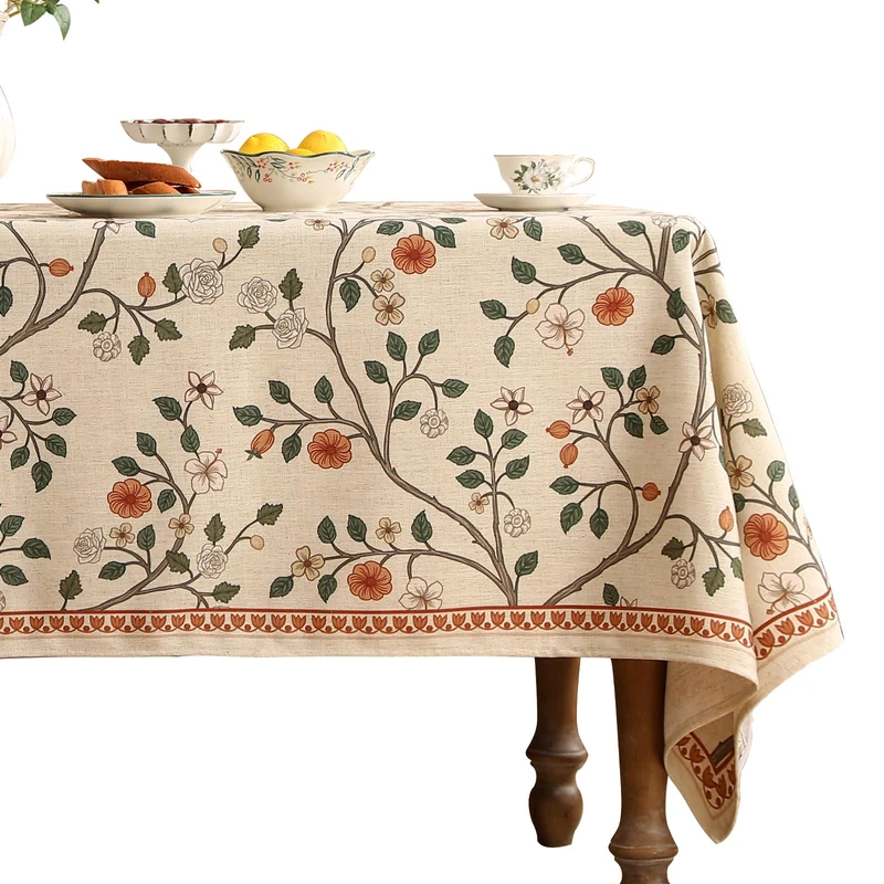 ISAENNE Vintage French Linen Rectangular Tablecloth,102"x63"-Flora A