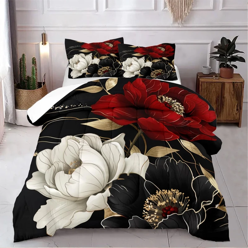 CCoutueChen Vintage Floral Comforter Set King Size Red Black White Botanical Flower Bedding Set 3 Piece Gold Leaf Bedding for Women Elegant Flowers Comforters Soft Down Alternative Comforter Sets