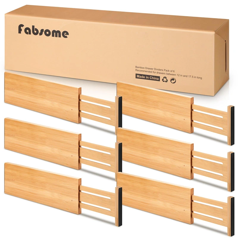 Fabsome Dresser Drawer Organizers 6 Pack, 4.65'' High Adjustable from 17-22'' Bamboo Drawer Dividers for Clothing Baby Clothes, Wooden Separators for Dresser Nursery Organization with Soft Foam Ends