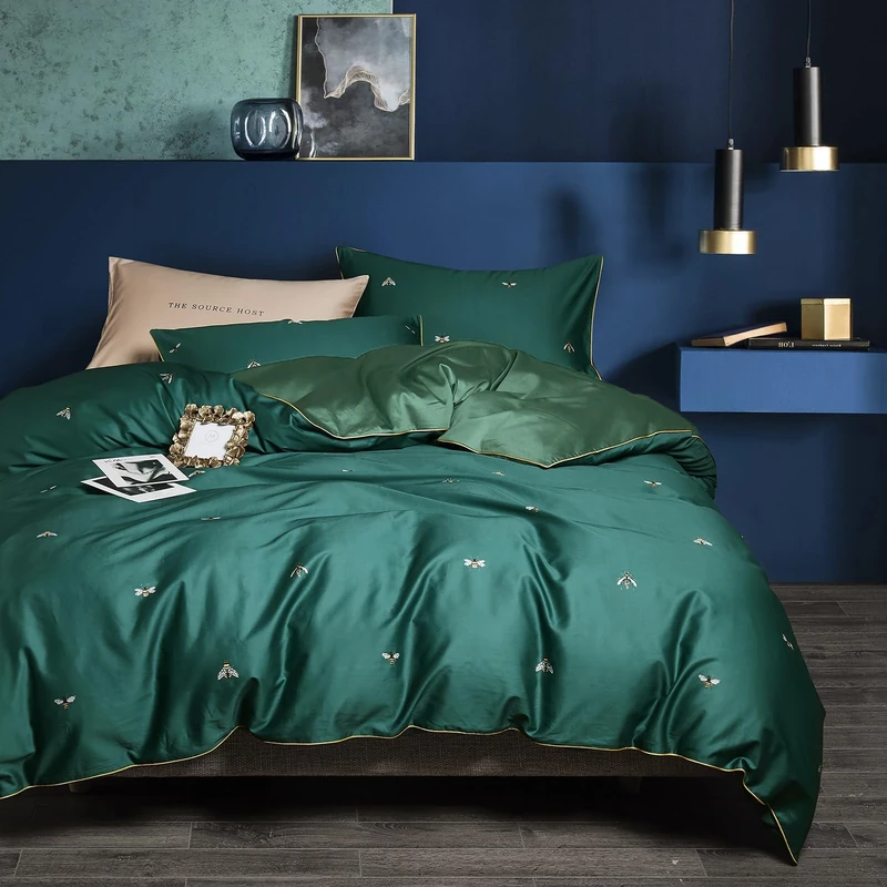mixinni Dark Green Duvet Cover King Size, 100% Long Staple Cotton Honeybee Floral Pattern 3pc Bedding Duvet Cover Set with Zipper Ties 2 Pillowcases Perfect for Him and Her-King Size