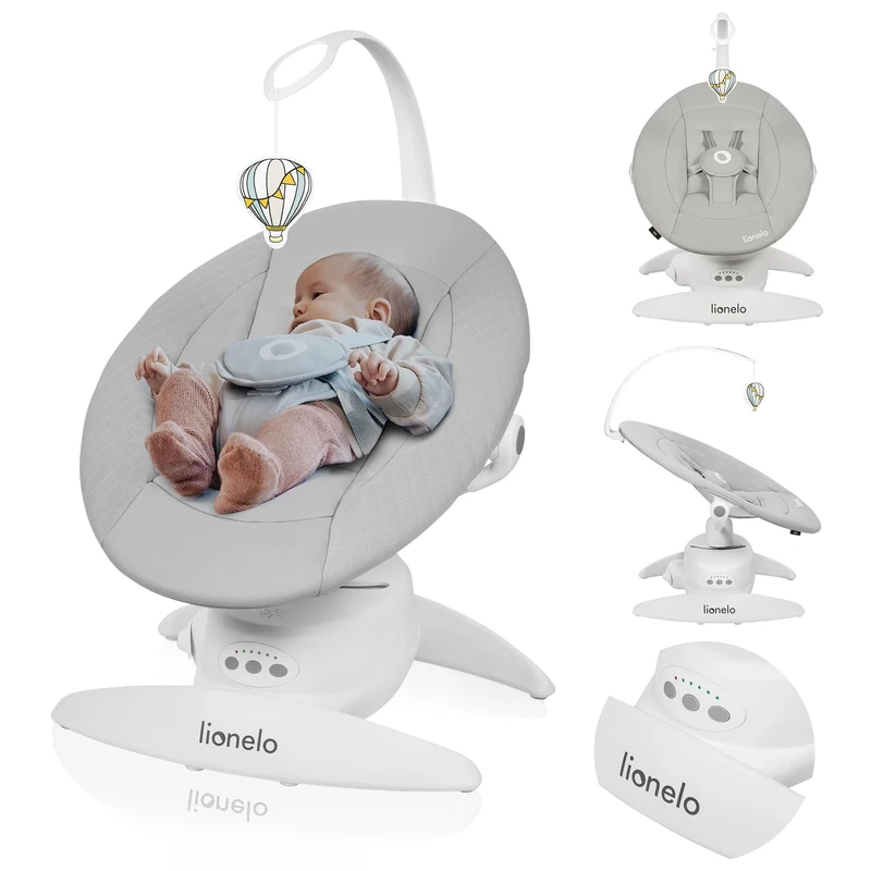 LIONELO IRIS 360° Rotatable Baby Rocker for Children up to 9 kg, Adjustable Back, 5 Vibration Speeds, Safety Belts, Non-Slip, 12 Melodies, Headband with Toy