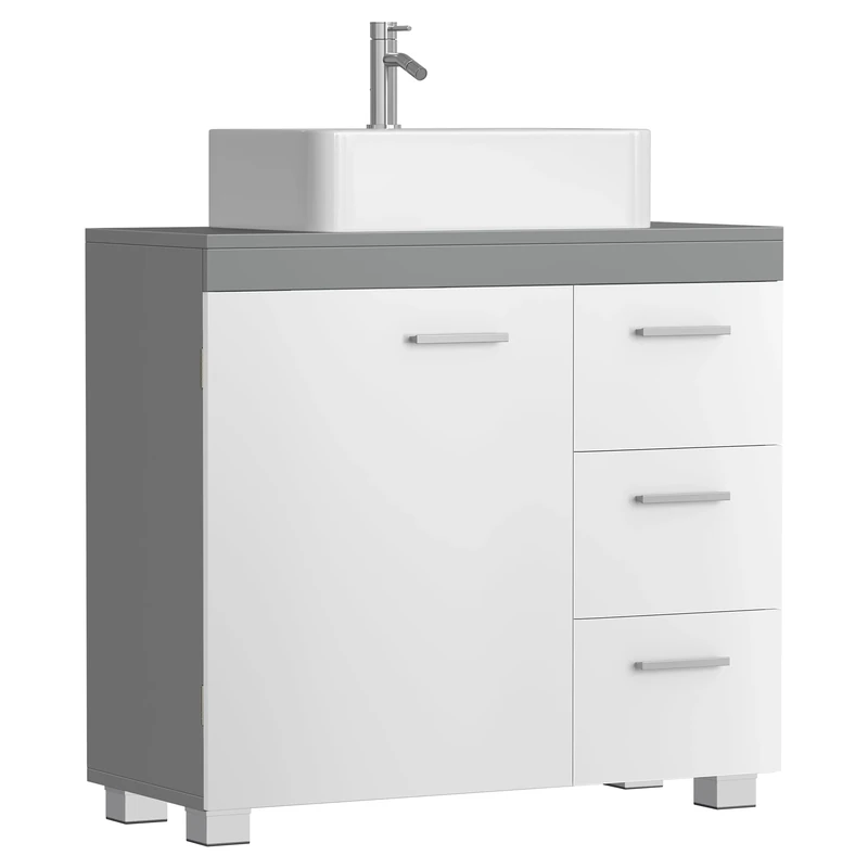 VASAGLE Under Sink Bathroom Cabinet, Storage Cabinet, with 3 Drawers, 2 Compartments Behind the Door, for Washbasins with Pedestal, with Feet, 30 x 70 x 64 cm, Cloud White and Dove Grey BBK504W02