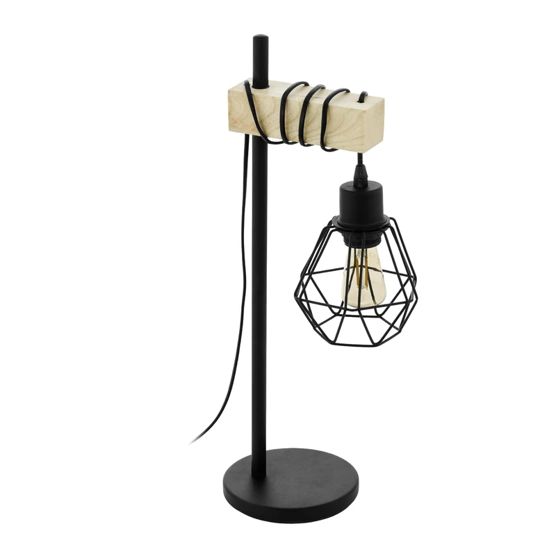 Eglo Table lamp Townshend 5, Wooden Bedside lamp in Industrial Design, Vintage Living Room Lighting, Black Metal and Natural Wood, FSC, E27 Socket